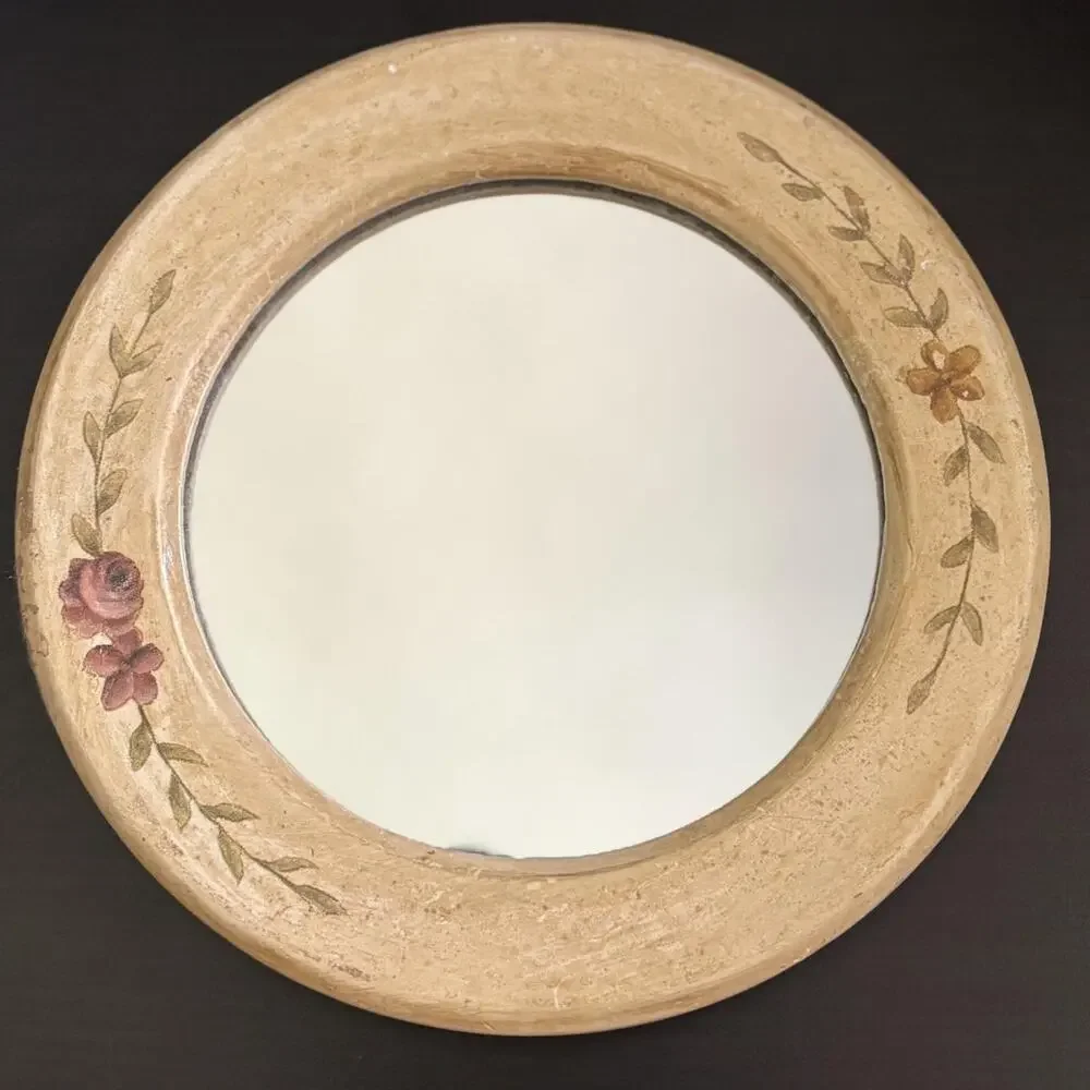 Vintage Mirror Set Hand Painted Cream Pink Rosebud Wall Decor 1980s